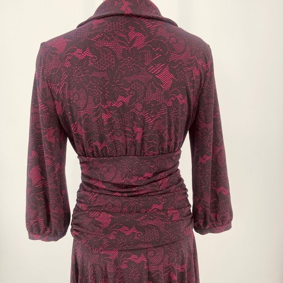 NWT Shape FX Dress S Pink Black Lace Ruched Fit Flare 3/4 Sleeve Built in Girdle - Picture 6 of 12